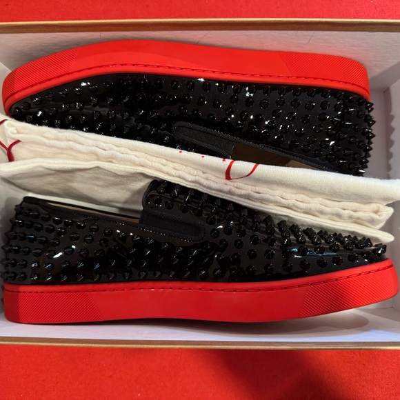 Christian Louboutin Black and Red Spiked Loafers - Picture 2 of 8